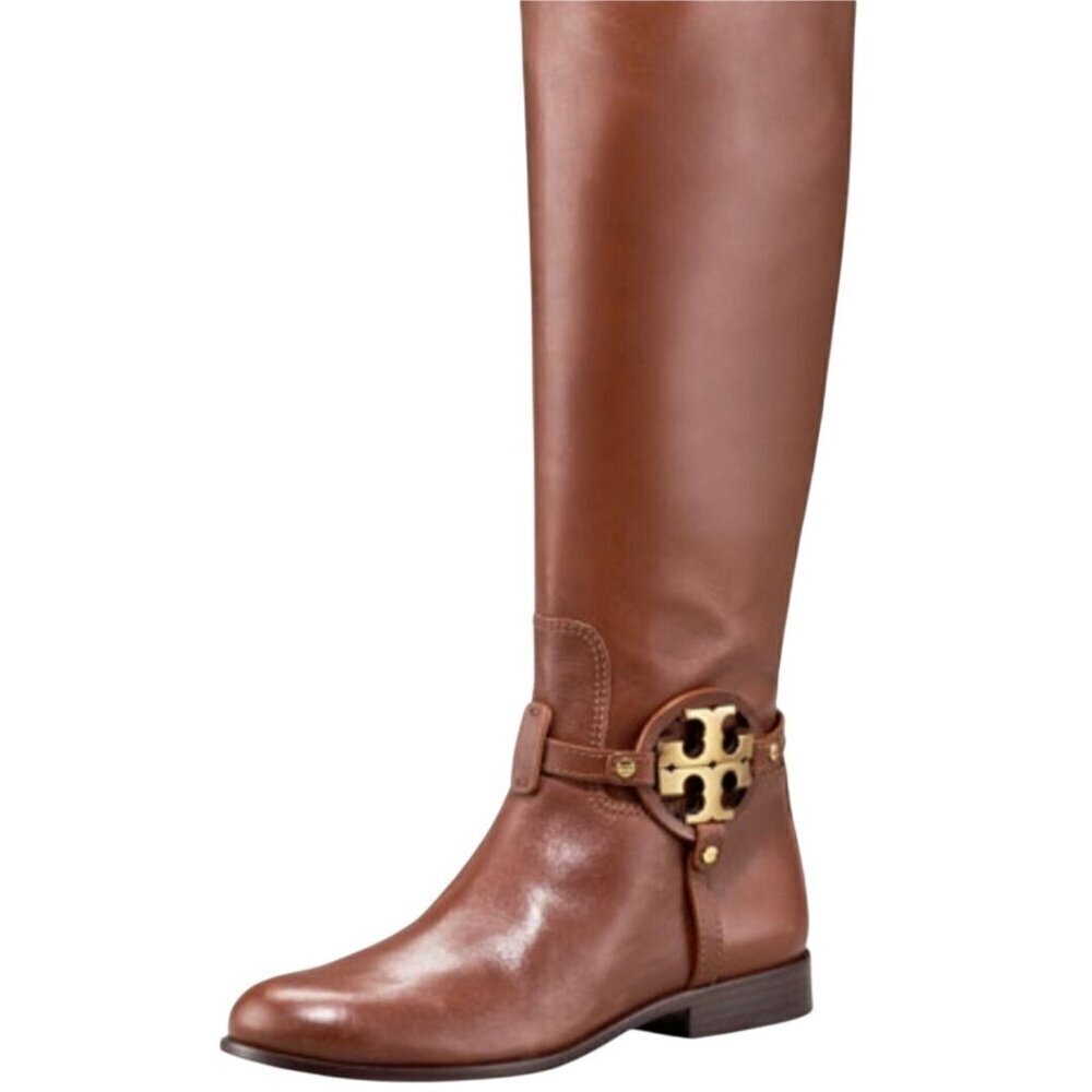 Tory Burch Aaden Riding Boots Cognac Leather Gold Logo Zip Closure Size 6M